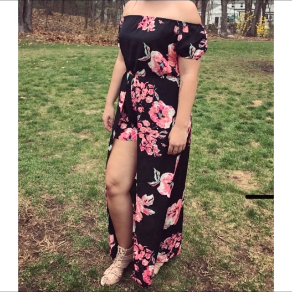 Black floral Romper with open skirt